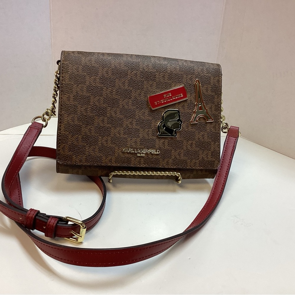 Karl Lagerfeld Brown Monogram Crossbody with Red Strap and Gold Hardware